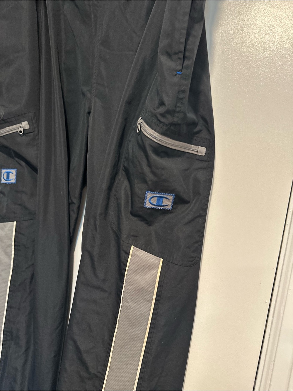 VTG Y2K Champion Black C2H4 Sz:L Splicing 3M Lined Seaplane Wide Leg Track Pants - Picture 9 of 14